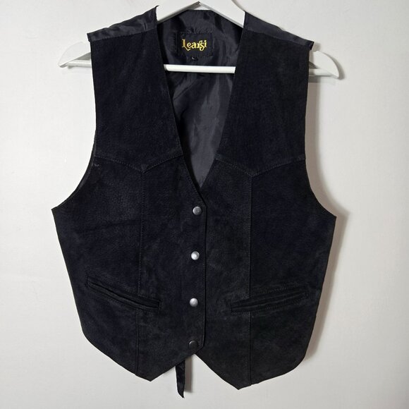 VTG Learsi Women's Size L Suede Genuine Leather Vest Black Snap Front - Picture 2 of 10